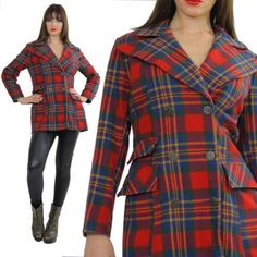 "Vintage 70s red tartan plaid wool jacket blazer Mod 70s design with wide lapels, metal buttons and double flap pockets. Jacket is unlined Fabrication is wool Double breasted front closure Label is Sears USA  Marked size is 11; that is 70s sizing. Condition: Very good Vintage condition; There is a period repair in the back of the jacket that I have photoed.  It is a couple of inches long, but due to the plaid is not very noticable. Measurements: All measurements are taken with the garment lying Winter Plaid Blazer With Double Button Closure, Plaid Blazer With Double Button Closure For Winter, Retro Double-breasted Winter Blazer, Winter Retro Double-breasted Blazer, Winter Plaid Blazer With Buttons, Vintage Double-breasted Blazer For Fall, Plaid Notch Lapel Outerwear With Buttons, Plaid Outerwear With Notch Lapel And Buttons, Plaid Double-breasted Outerwear