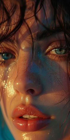 a woman with freckled hair and blue eyes looks into the camera while she is covered in water