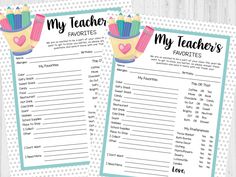 two printable teacher's favorites game with the words, my teacher is my teachers