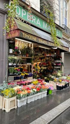 a flower shop with many different flowers on the front and side of it's storefront