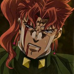 an anime character with red hair and blood on his face