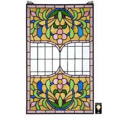 a stained glass window with flowers and leaves on the outside, against a white background