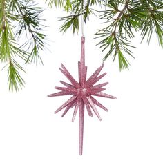 a pink ornament hanging from a pine tree