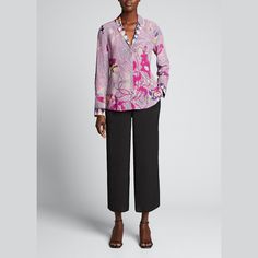 Kobi Halperin "Corey" multi-pattern blouse. Notched collar. Long sleeves. Relaxed silhouette. Silk; dry clean. Imported. Patterned V-neck Workwear Blouse, Patterned V-neck Blouse For Work, Designer Long Sleeve Printed Blouse, Multicolor Collared Blouse For Work, Multicolor Collared Blouse For Workwear, Designer Spring Blouse For Office, Multicolor Silk Collared Blouse, Chic Formal Printed Blouse, Designer Floral Print Blouse For Daywear