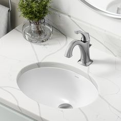 a white bathroom sink sitting under a mirror next to a vase with a green plant