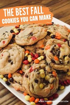 the best fall cookies you can make with candy corn and chocolate chip cookies on a white plate