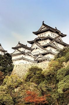 the castle is surrounded by trees and bushes