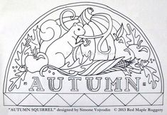 an autumn coloring page with the word autumn written in black ink on white paper, surrounded by leaves and acorns