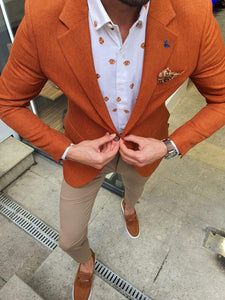 Orange Blazer Outfits Men, Blazer Outfits Men, Orange Blazer, Cinnamon Color, Slim Fit Blazer, Mens Fashion Blazer, Designer Suits For Men, Slim Fit Blazers, Fashion Suits For Men