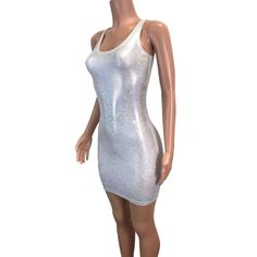 Silver holographic bodycon dress. The fabric is high-quality hologram shimmery silver on white spandex - stretchy enough to fit you and thick enough to offer a flattering bodycon fit. Iridescent Fitted Mini Dress, Silver Sleeveless Bodycon Dress, Silver Fitted Mini Dress, Sleeveless Silver Bodycon Dress, Iridescent Fitted Mini Dress For Party, Silver Fitted Sleeveless Bodycon Dress, Silver Sleeveless Fitted Bodycon Dress, Summer Silver Bodycon Club Dress, Silver Bodycon Dress For Summer Club