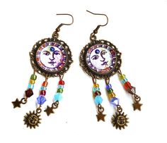 Boho Sun, Sun Face, Hand Painted Jewelry, Face Earrings, Saint James, Sterling Silver Filigree, Bohemian Earrings, Sparkling Crystal, Beaded Dangles