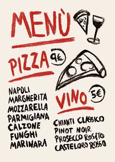 a menu with different types of pizza and wine glasses on it, including one slice of pizza