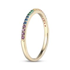 Add this rainbow ring to your stack or wear it alone for a fun look that goes with everything. 10K yellow gold The multicolor design includes lab-created rubies; orange, yellow and purple lab-created sapphires; lab-created emeralds; and blue lab-created spinels Rainbow Ring, Rainbow Rings, Lab Created Emerald, Yellow And Purple, Orange Yellow, Ruby, Emerald, Sapphire, Lab