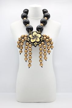 Recycled Wooden Beads With Carved Flower And Gold Beads Tassel Necklace - Jianhui London African Inspired Jewelry, Wooden Bead Necklaces, Beaded Tassel Necklace, Code Black, Wood Necklace, African Inspired, Beaded Tassels, Beads Necklace, Gold Beads