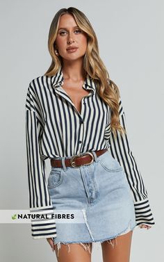 Anderson Top - Collared Long Sleeve Shirt in Navy Stripe Trendy Striped Workwear Shirt, Casual Long Sleeve Blouse With Striped Collar, Striped Collared Shirt For Fall, Fall Striped Collared Shirt, Spring Long Sleeve Blouse With Striped Collar, Chic Business Casual Tops With Shirttail Hem, Spring Blouse With Striped Collar And Long Sleeves, Trendy Long Sleeve Tops With Button Closure, Chic Shirttail Hem Tops For Business Casual