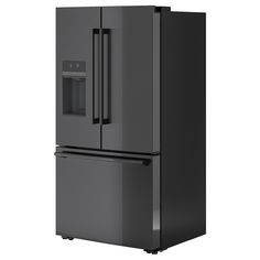 a black refrigerator freezer sitting in front of a white wall