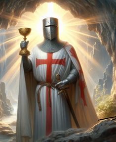 a knight holding a golden cup in his right hand and wearing a red cross on it's chest