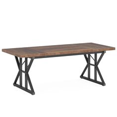 a wooden table with metal legs and an x - base design on the top, against a white background