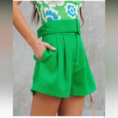 Green High Waisted Belted Shorts Large/Nwt 100% Polyester Hand Wash Cold, Dry Flat High Rise Waist Belt Pocketed Front Zipper And Hook Closure Lined Off Shoulder Evening Gown, Olive Shorts, Tweed Shorts, Cami Set, Mini Skater Dress, Belted Shorts, Black Denim Jeans, Mom Shorts, Color Shorts