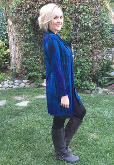 Long Sweater, Womens Long Cardigan, Maxi Cardigan, Cardigan w/Sleeves, , Ladies Cardigan, Duster,, Tie Dye in shades of Deep Blues, Purples  and Black, Deep rich color!The perfect light weight cardigan. The Fabric is 94% Rayon / 5% Spandex It feel soft and luxurious, Comes in S/M onlyS/M across the upper back 18", Hips 48" Length from the top of the shoulder to the bottom   36" Sleeve Length 23 1/2"  is addition to the back measurements it also has that plus a little in the front. Feels soft and Blue Stretch V-neck Cardigan, Versatile Fitted V-neck Outerwear, Fitted Open Front Sweater Coat For Layering, Blue V-neck Outerwear For Fall, Versatile Blue Outerwear For Layering, Fitted Long-sleeved Blue Cardigan, Blue Long Outerwear For Layering, Blue V-neck Outerwear For Layering, Versatile Stretch Blue Outerwear