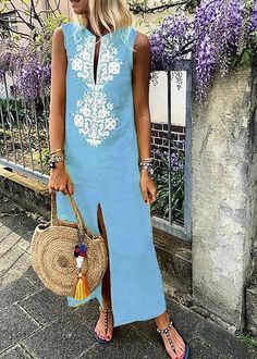 cotton floral sleeveless maxi shift dress p118329, Light Blue-US10