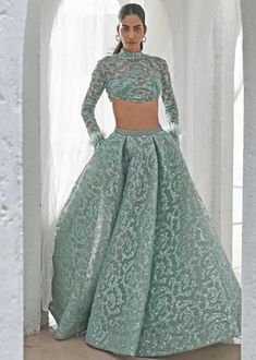 Jade Blue Embroidered Lehenga Set Mahima Mahajan - Fabilicious Fashion Mahima Mahajan, Lehenga With Blouse, Lehenga Style Saree, Indian Bridesmaid Dresses, Crepe Blouse, Blue Lehenga, Embellished Skirt, Lehenga Style, Vacuum Storage