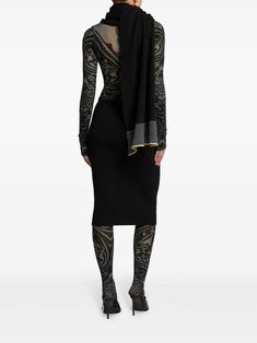 Rib-knit midi dress in a wool and cashmere blend with contrasting details, Regular fit, Neck with scarf designComposition: 45% Wool, 30% Viscose, 25% Cashmere Kurt Geiger Heels, Italian Textiles, Margiela Shoes, Pleats Please Issey Miyake, Knit Midi, Knit Midi Dress, Black Midi Dress, Knit Scarf, Black Wool