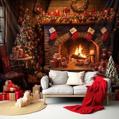 a living room decorated for christmas with presents and stockings on the fireplace wallpaper mural