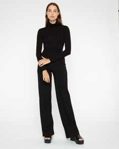 Black Ponte Knit Straight Leg Pant Fall Chic Stretch Pantsuit, Chic Elastane Wide Leg Pants For Business Casual, Chic Wide Leg Pants For Business Casual, Fall Stretch Pantsuit With Straight Pants, Business Casual Fall Pants With Minimal Stretch, Fall Stretch Straight Pantsuit, Stretch Straight Pantsuit For Fall, Fall Business Casual Pants With Minimal Stretch, Fall Business Casual Elastane Dress Pants