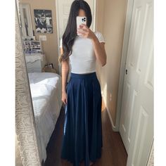 Never Worn. Only For Photos. Material Is Polyester 97% Spandex 3% No Signs Of Wear Or Damage. In Great Condition Blue Fitted High Waist Maxi Skirt, Blue Maxi Skirt Outfit, Navy Maxi Skirt, Maxi Skirt Outfit, Blue Maxi Skirt, Satin Maxi Skirt, Maxi Skirt Outfits, Blue Maxi, Satin Maxi