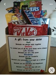 a gift from your sister is in the form of a box with candy bars on it