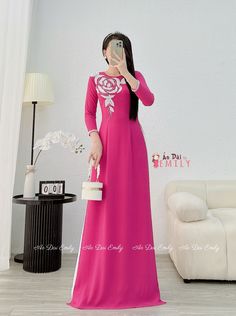 🌸 Material: Double layers chiffon.  Stretchy level: 4/10 🌸 The measurement of this ao dai is in Vietnamese size. American size tends to be bigger for the same size. Please look at the SIZE CHART CAREFULLY before ORDERING. There might have some chalk writings on the fabric, these marks can be washed away. 🌸 No returns or exchanges. Buyer can contact seller about any issues with an order. 🌸 Follow us Facebook/aodaiemily22 www.aodaiemily.com 💜 Thank you very much💜 Pink Long Georgette Dress, Long Pink Chiffon Dress, Party Maxi Dress In Pink Georgette, Pink Georgette Maxi Dress For Party, Pink Ao Dai For Evening Spring Events, Spring Evening Pink Ao Dai, Elegant Pink Georgette Maxi Dress, Elegant Pink Ao Dai For Summer, Chalk Writing