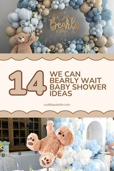 baby shower decorations with teddy bears and balloons in the shape of wreaths on top