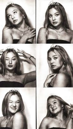 black and white photograph of woman's face in four different poses with hair tied back