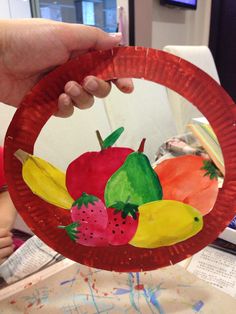 a paper plate with fruit on it being held up by a person's hand