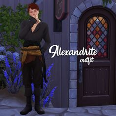 an animated character is standing in front of a door with the words alexandriaite outfit on it