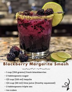 blackberry margarita smash recipe with limes and blackberries