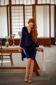 This luxury exclusive design fall/winter dress is perfect for any occasions!100 % designed and handmade by Emsilk. I am pleased to offer your garments made to measure at no extra cost. All of my designs can be made in any colors that you see in my shop.Link to all colors in pure silk: https://www.etsy.com/shop/emsilkdesign?ref=seller-platform-mcnav&section_id=28483599* Detail: - Deep V neckline with bow-tie straps- Long flutter sleeve gathered- A line dress- Dark Navy Satin Silk (you can cho Chic Silk Satin Dress For Fall, Elegant Satin Dress For Fall Party, Elegant Satin V-neck Dress For Fall, Chic Satin Long Sleeve Dress For Fall, Elegant Silk Dress For Fall, Long Sleeve Silk Dress For Formal Occasions, Dressy Long Sleeve Silk Midi Dress, Long Sleeve Satin Midi Dress For Fall, Satin Long Sleeve Midi Dress For Fall