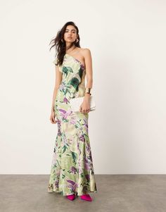 ASOS EDITION one shoulder seam detail maxi dress with full skirt in green floral print | ASOS Green Summer Prom Gown, One-shoulder Floral Maxi Dress For Party, Green One-shoulder Gown With Fitted Bodice, Party One-shoulder Maxi Dress With Floral Print, Floor-length One Shoulder Dress For Summer Prom, Summer One Shoulder Floor-length Dress For Prom, Green Off-shoulder Fitted Maxi Dress, One-shoulder Gown For Summer Prom, Green Fitted Off-shoulder Maxi Dress