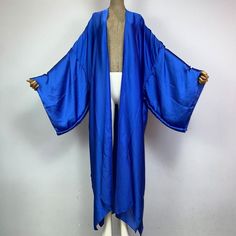 One Size fits S-3X/4X Kimono length: 58inch Material: Poly Silk (a lightweight, smooth, and shiny fabric that drapes and flows very well. An affordable alternative to silk) One Size Fits Most Size Chart Silky Robe, Fun Clothes, Shiny Fabric, Long Kimono, Silk Kimono, Blue Silk, Silk Crepe, Kimonos, Very Well