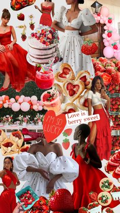 the collage shows many different types of women in red and white outfits, including strawberries