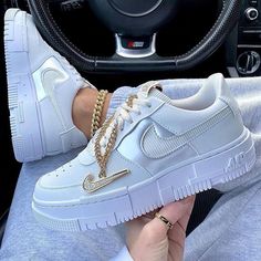 White Silk Pixel Custom Air Force 1s-shecustomize Girly Sneakers, Stile Kylie Jenner, Nike Shoes Air Force, Trendy Shoes Sneakers, White Nike Shoes, Nike Fashion Shoes, Jordan Shoes Girls, All Nike Shoes, Nike Air Shoes