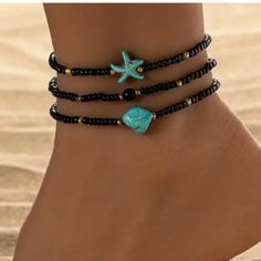 Very Pretty Black Tiny Beads With Gold In Between. Turquoise Stone And Starfish Ankle Bracelet New In Package Ankle Bracelet Ideas, Black Beaded Bracelets For Summer With Round Beads, Turquoise Anklets With Starfish Charm For Beach, Black Beaded Bracelets For Summer Gifts, Bohemian Beaded Bracelets With Black Beads For Beach, Turquoise Beach Anklets With Starfish Charm, Bohemian Black Beaded Bracelets For Beach, Blue Beaded Starfish Anklet, Black Beads Summer Beach Jewelry