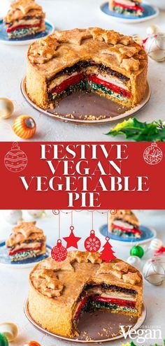 festive vegan vegetable pie is cut in half and served on plates with christmas decorations