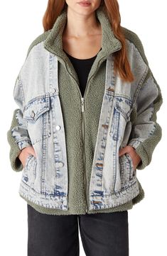 BLANKNYC Denim & Faux Shearling Trucker Jacket | Nordstrom Clothing Nordstrom, Sweatpants Fit, Sherpa Denim Jacket, Party Jackets, Denim Sweater, Denim T Shirt, Slumber Party, Faded Denim, Cool Jackets