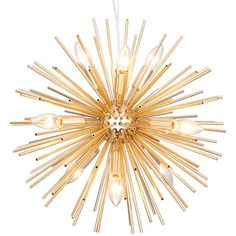 a gold chandelier with white lights hanging from it's center and the light bulb turned upside down