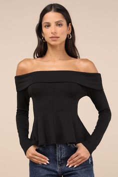 From casual occasions to going-out looks, we love the Lulus Flattering Pick Black Off-the-Shoulder Long Sleeve Top! Stretchy jersey knit fabric shapes this perfect top that has long fitted sleeves and an off-the-shoulder neckline with a wide band of foldover trim. Fitted bodice has a seamed design and a cute flaring hem. Fit: This garment fits true to size. Length: Size medium measures 15.75" from top to bottom. Bust: Great for any cup size. Waist: Fitted - stretchy fabric allows custom fit. Und Solid Off-shoulder Tops For Party, Solid Off-shoulder Party Tops, Spring Fitted Off-shoulder Knit Top, Long Sleeve Tops For Date Night, Solid Long Sleeve Tops For Date Night, Solid Color Off-shoulder Top For Party, Stretch Elastane Tops For Evening, Stretch Long Sleeve Knit Top For Night Out, Fitted Knit Top With Long Sleeves For Night Out