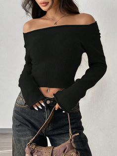 Casual Solid Color Off Shoulder Sweater, Autumn Black Casual  Long Sleeve Fabric Plain Pullovers Medium Stretch Spring/Fall Women Clothing, size features are:Bust: ,Length: ,Sleeve Length: Cute Off The Shoulder Tops, Off Shoulder Top And Jeans, Off The Shoulder Black Top, Sweater Autumn, Fairy Fashion, Off Shoulder Sweater, Stockholm Fashion, Women's Shapewear, Outfit Inspo Fall