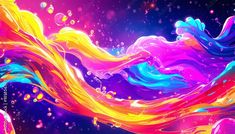 an abstract painting with bright colors and flowing streamers on a dark background, created using acrylic paint