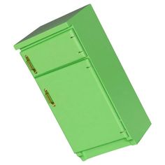 a green cabinet with two doors on the front and one door open to reveal an object